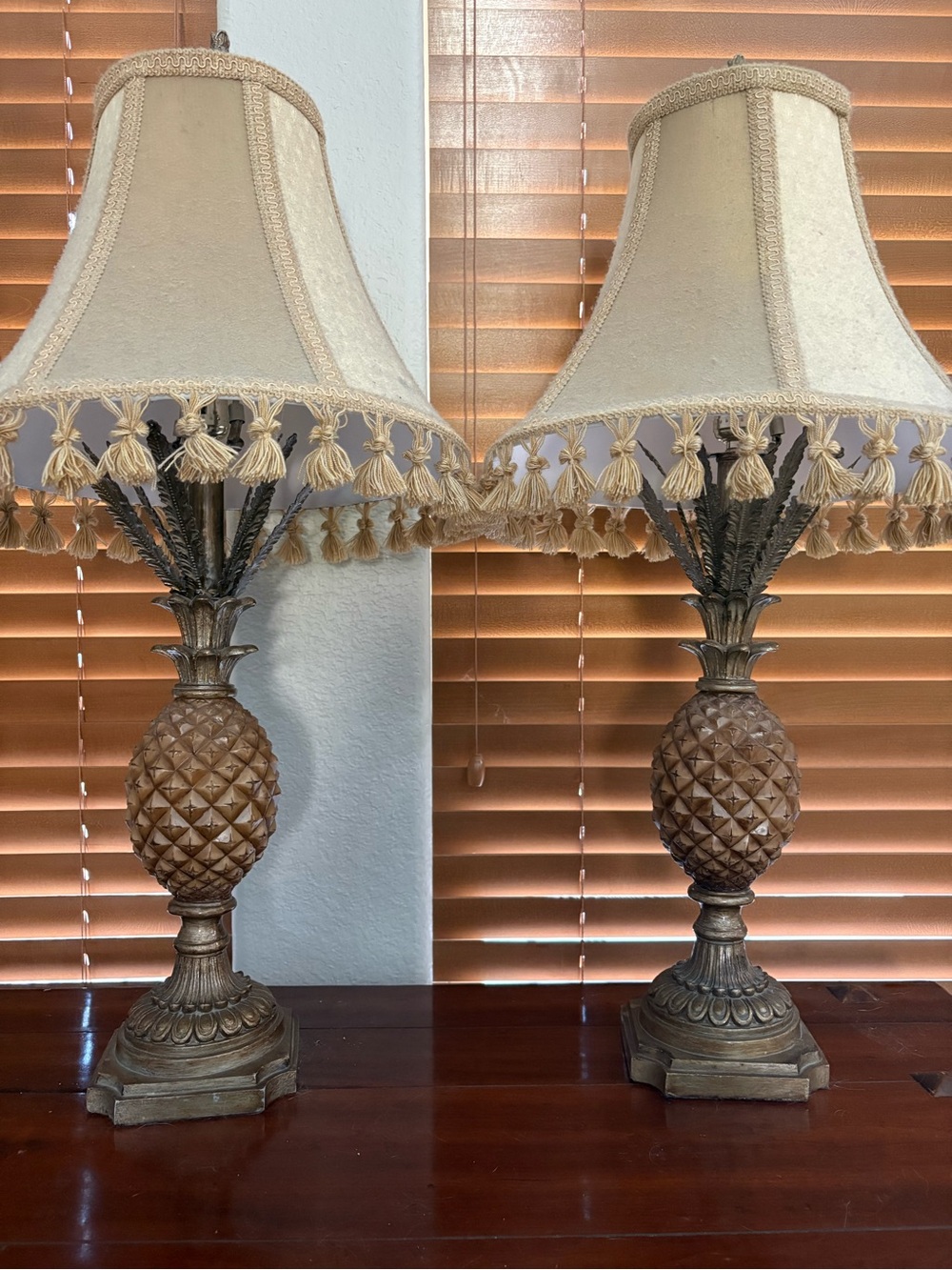 Pineapple Table Lamp Pair in Beige with Ornate Bronze Bases